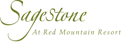 The image shows a logo with the text "SageStone At Red Mountain Resort" written in a green, elegant font style.