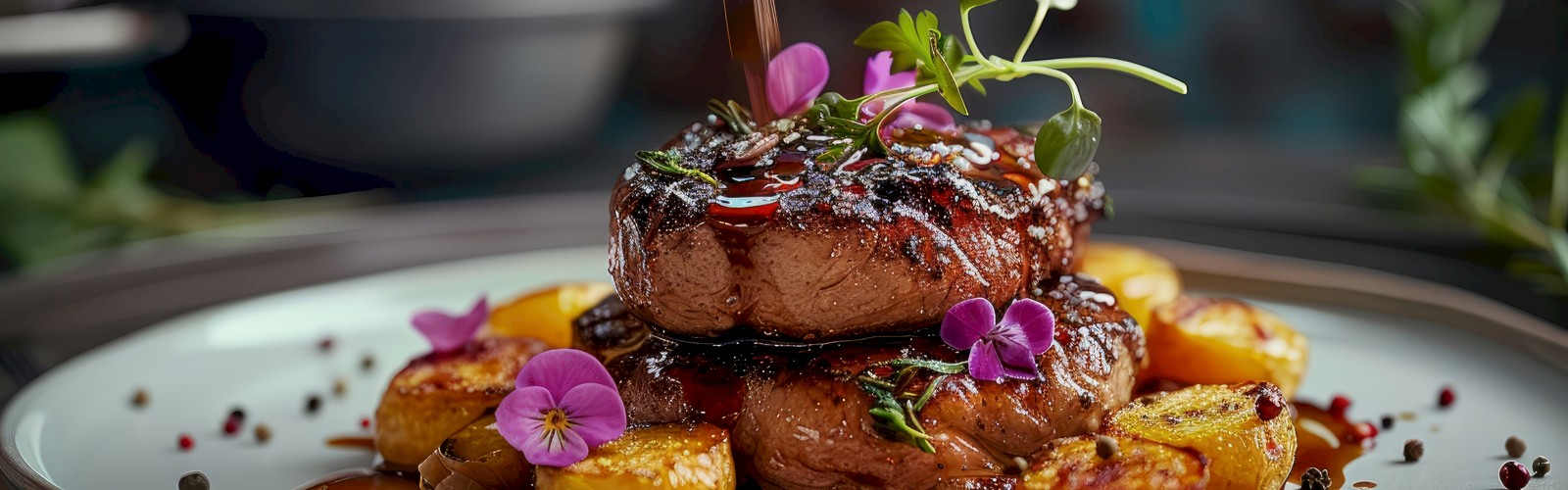 A gourmet dish featuring grilled meat topped with sauce, surrounded by roasted potatoes, garnished with edible flowers and herbs on a white plate.