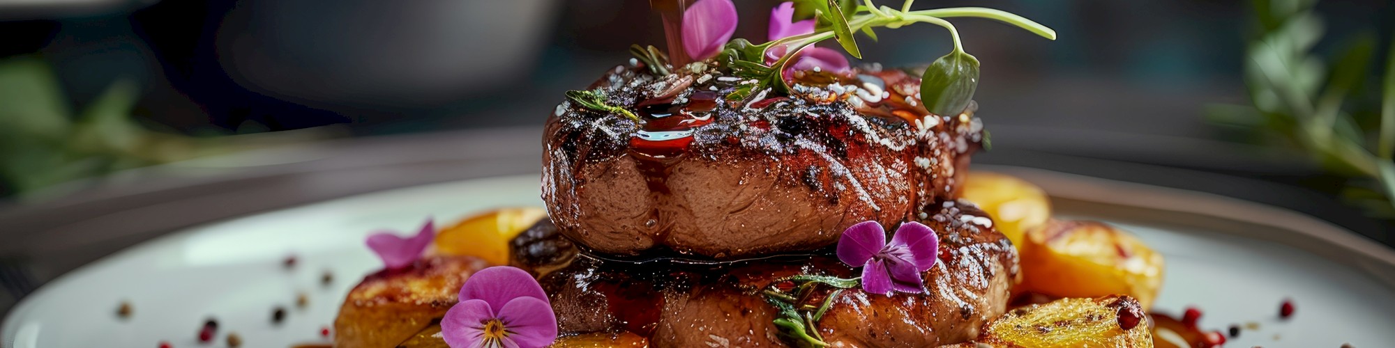 A gourmet dish featuring grilled meat topped with sauce, surrounded by roasted potatoes, garnished with edible flowers and herbs on a white plate.