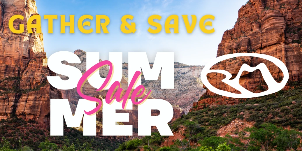 The image has red rock cliffs and greenery, with text "GATHER & SAVE" and "SUMMER Sale," along with a mountain-shaped logo.
