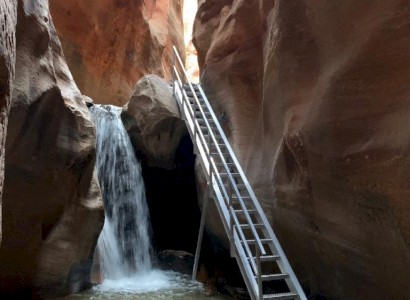 A narrow canyon with a small waterfall and a metal ladder leaning against the rock wall, leading to the top of the cascade, is seen.