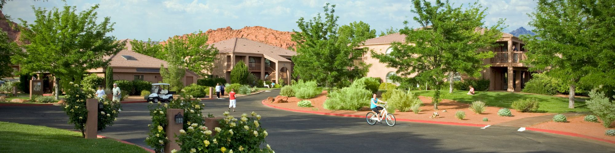 A sunny suburban neighborhood with neatly landscaped lawns, trees, and flowers. There are people walking and a person riding a bicycle.