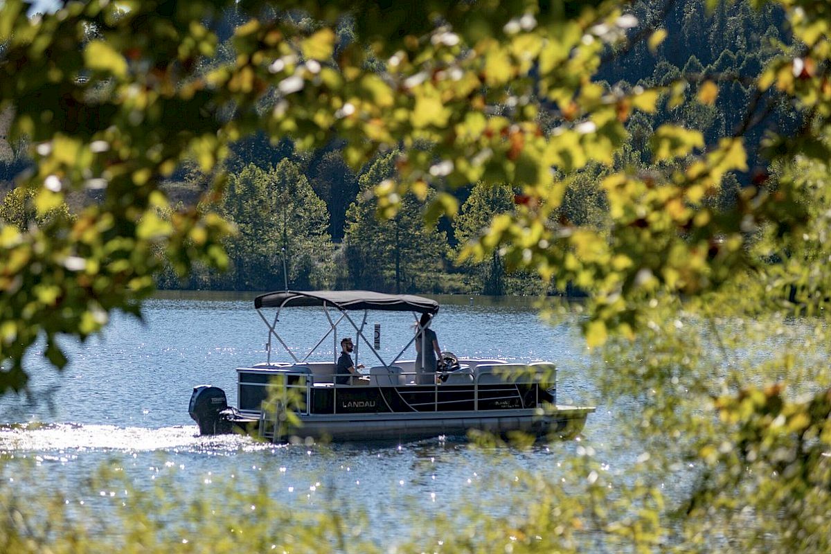 A small motorboat moves across a serene lake, framed by green foliage and trees on a sunny day, with passengers enjoying the scenic views.